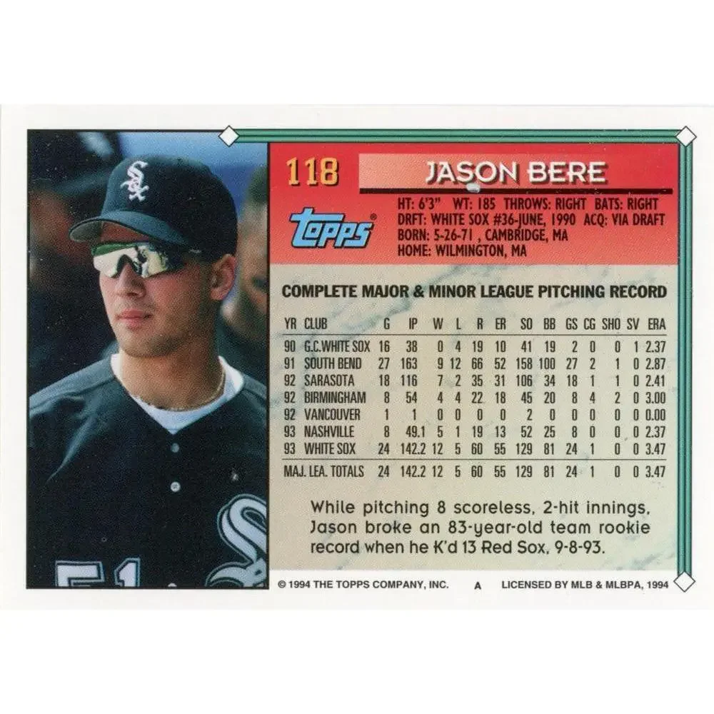 1994 Topps Jason Bere # 118 Chicago White Sox